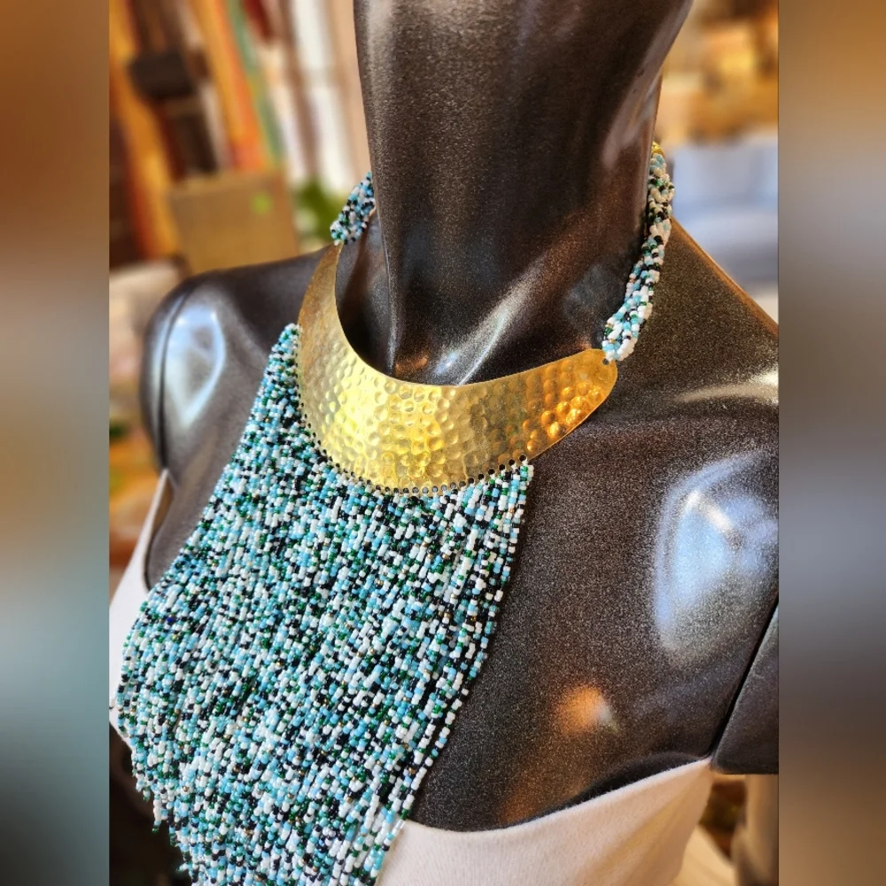 Hand Hammered Brass, Green, Gold, White and Blue Beaded Statement Necklace - Picture 6 of 16